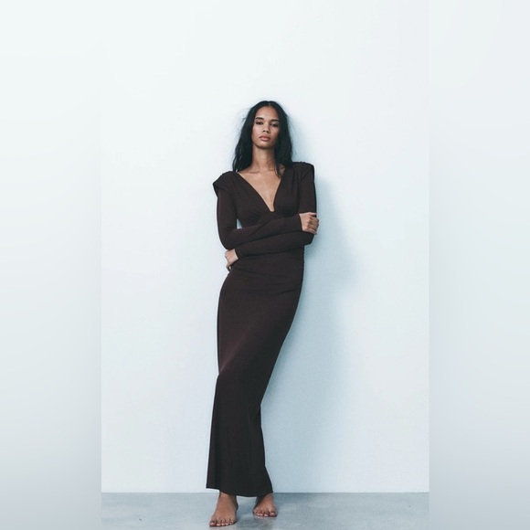 BNWT Zara Chocolate Long Dress with Shoulder Pads – Size M - Picture 4 of 16